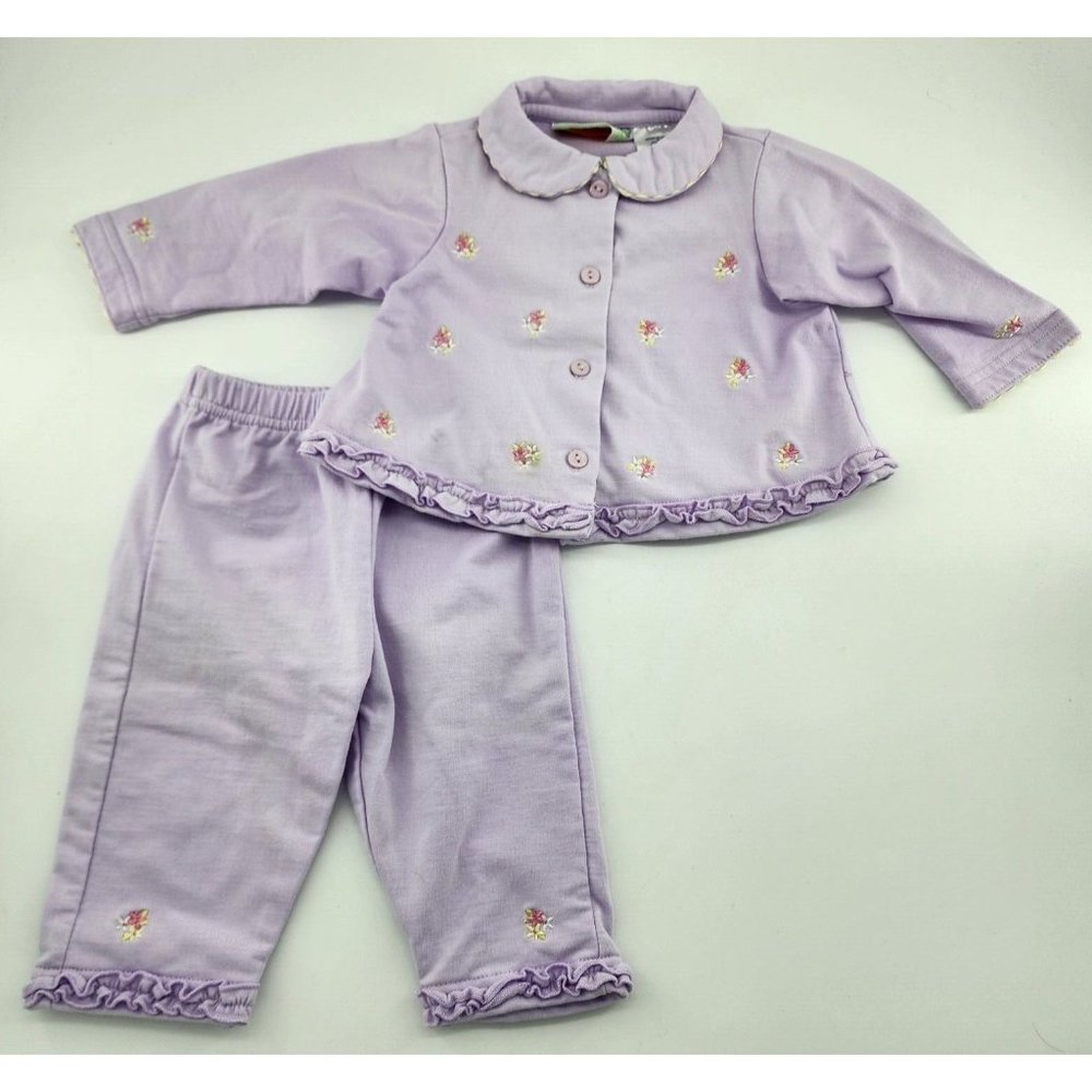 Vtg Piccolo Baby Girls 2 Pc‎ Long Sleeve Button Up/Pants Purple Embroidered 3-6M
